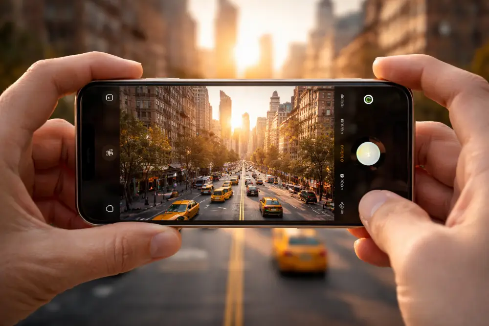 هاتف حديث يلتقط صورة في مشهد خارجي مع التركيز على الكاميرا